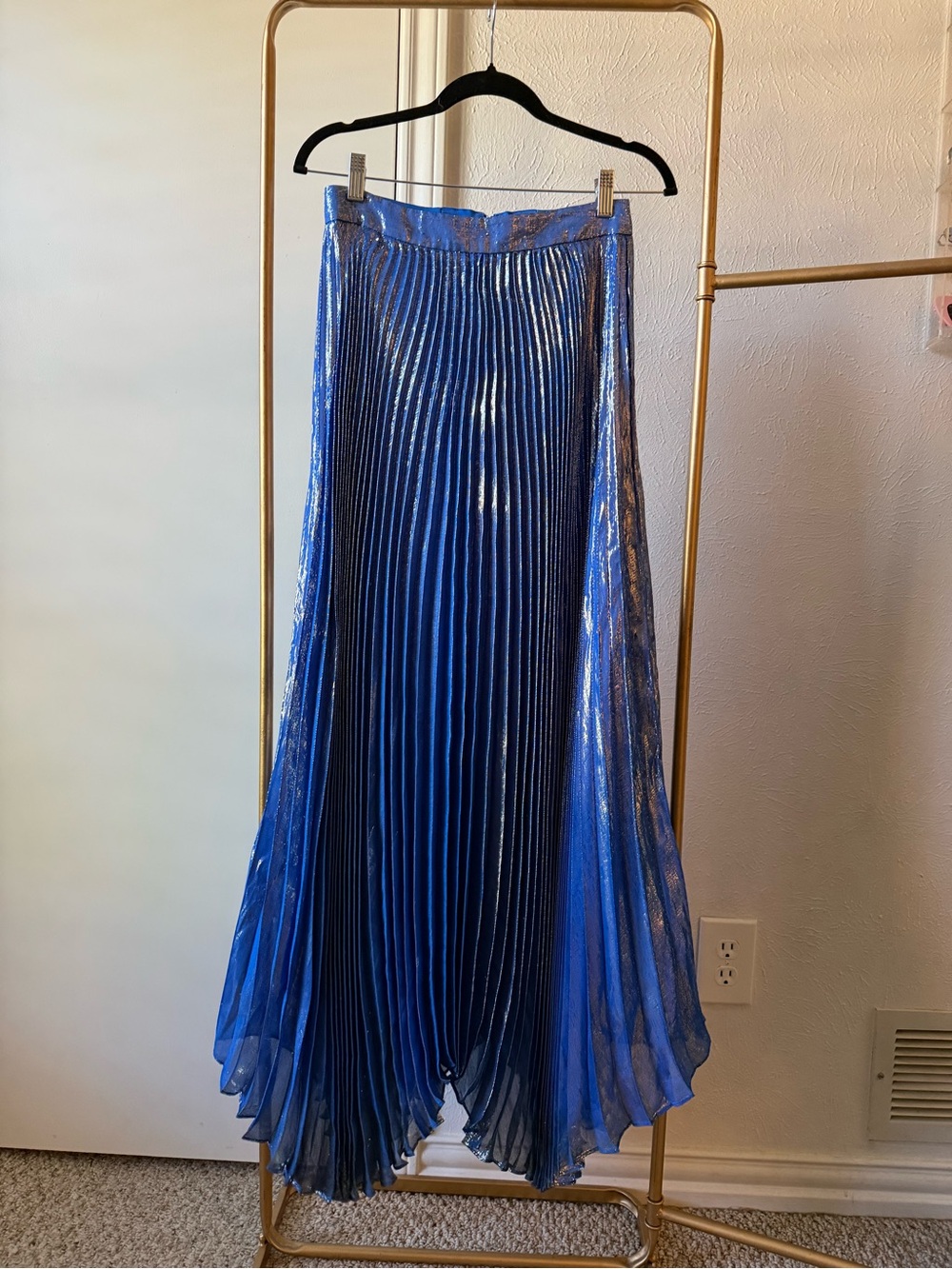 Alice + Olivia Blue Metallic Pleated Midi Skirt Iridescent High Waisted (Sz 4)